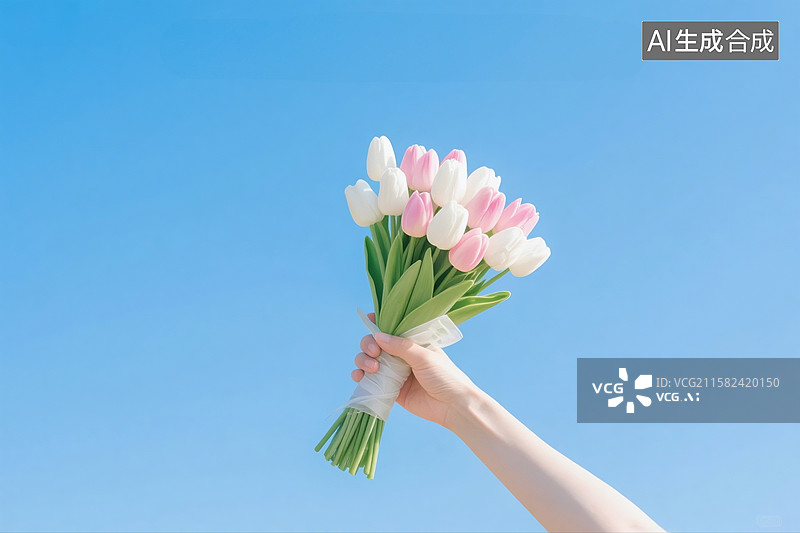 【AI数字艺术】蓝天下手拿着粉白色郁金香花束热爱生活图片素材