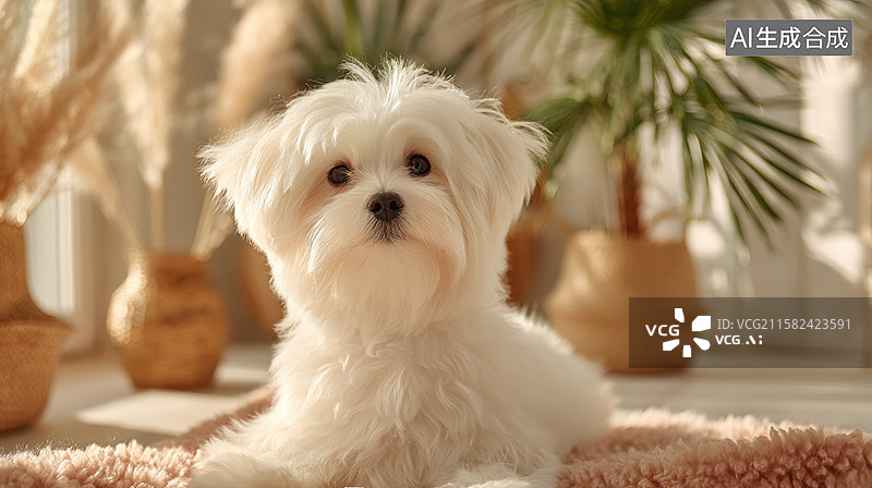 【AI数字艺术】白色小狗坐在柔软地毯上图片素材