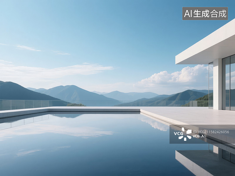 【AI数字艺术】现代建筑旁的无边泳池与远山图片素材