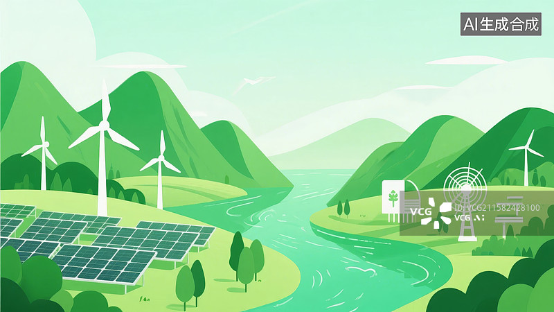 【AI数字艺术】绿色能源景观：风力与太阳能图片素材