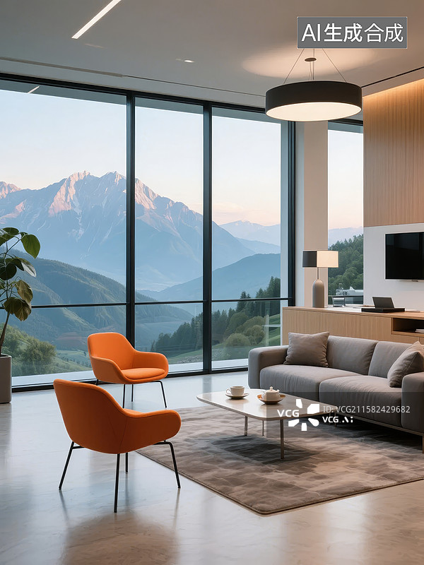 【AI数字艺术】现代客厅与山景视野图片素材