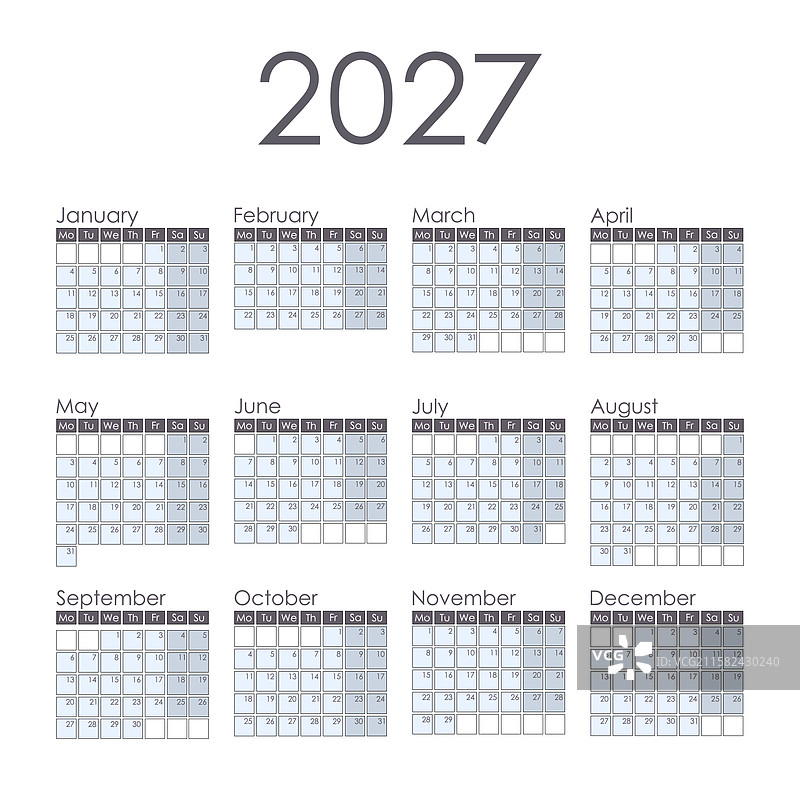 2027年日历，方形设计，周一开始的周次图片素材