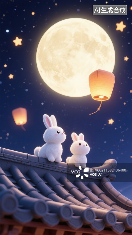 【AI数字艺术】3D三维卡通月圆人团圆中秋玉兔屋顶赏月图片素材