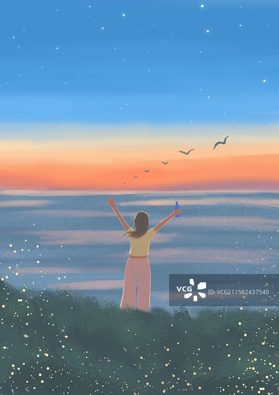 在湖边看夕阳与飞鸟的女孩图片素材