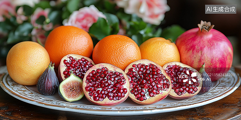 【AI数字艺术】盘上多彩水果静物图片素材