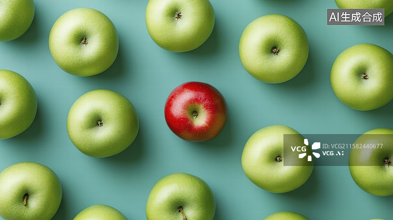 【AI数字艺术】绿色背景下的苹果特写镜头图片素材