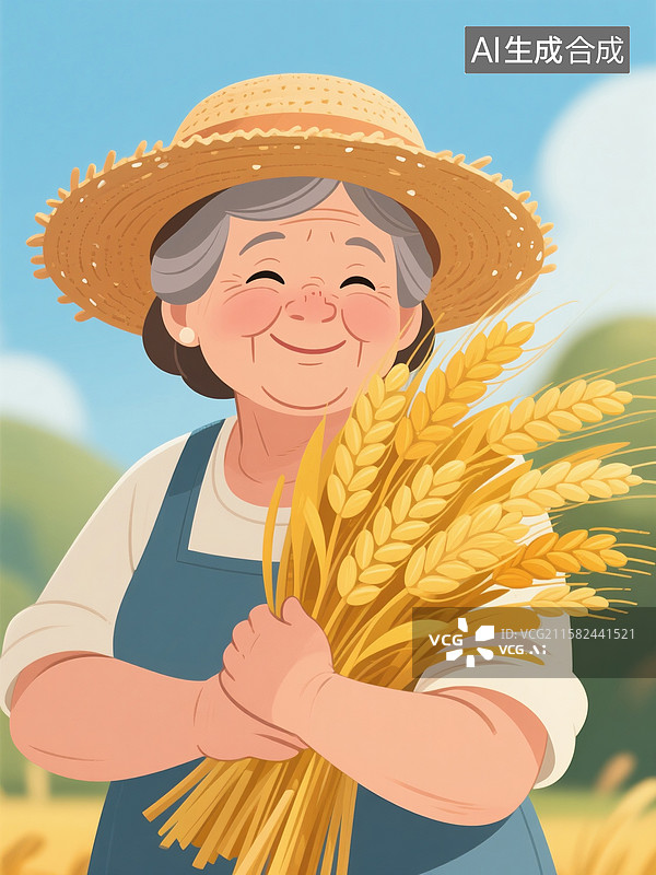 【AI数字艺术】抱金黄麦子戴草帽的五十岁女性卡通插画图片素材