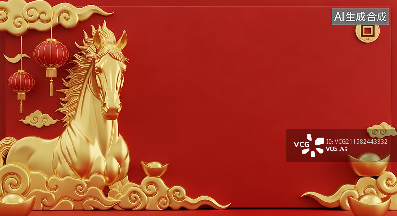 【AI数字艺术】红色背景上的金色骏马与云灯图片素材
