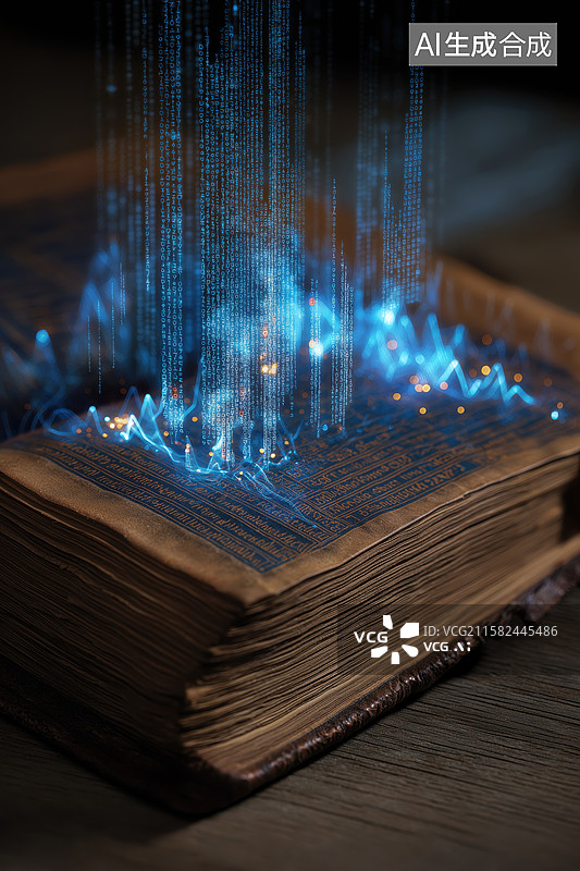 【AI数字艺术】古老书籍释放蓝色光流图片素材