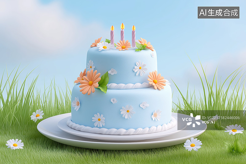 【AI数字艺术】双层蓝色蛋糕，点缀橙花与蜡烛图片素材