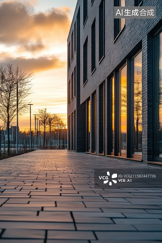 【AI数字艺术】日落时分的现代城市建筑及广场空地背景图图片素材