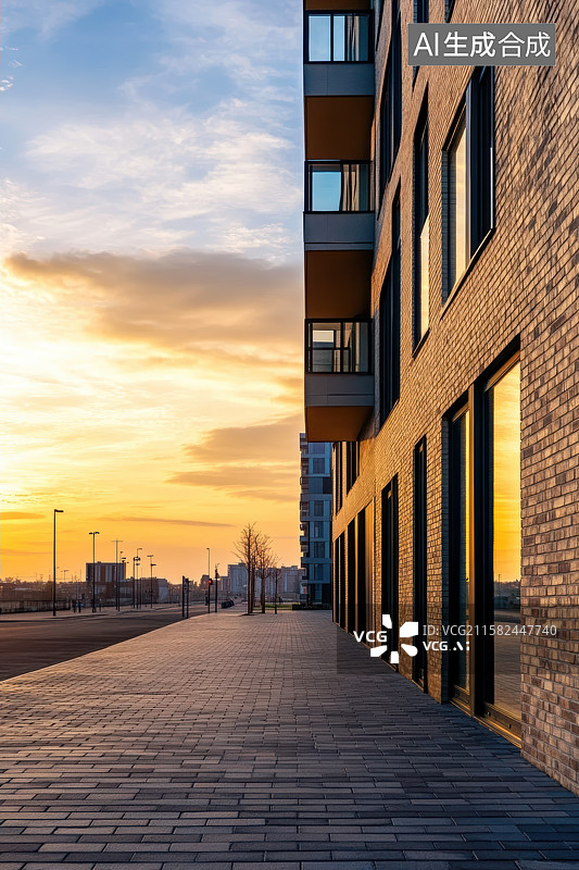 【AI数字艺术】日落时分的现代城市建筑及广场空地背景图图片素材