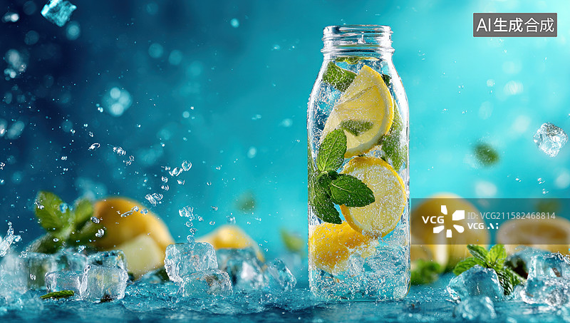 【AI数字艺术】冰镇柠檬水与薄荷叶飞溅玻璃杯图片素材