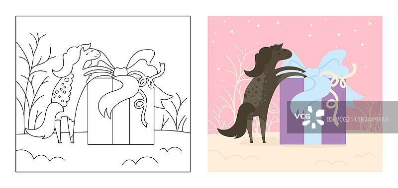 冬季风景中的马与惊喜礼品盒图片素材