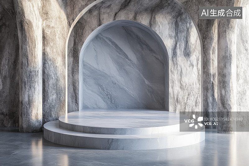 【AI数字艺术】大理石拱门与圆形平台的现代空间图片素材