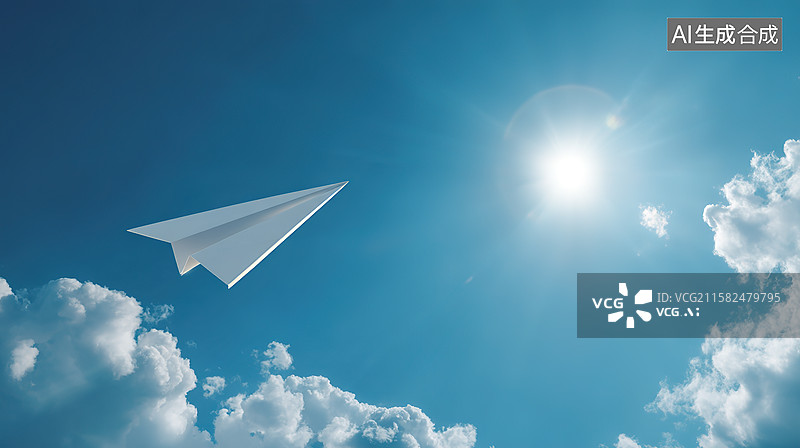 【AI数字艺术】纸飞机在蓝色天空中翱翔和自由梦想主题概念图片素材