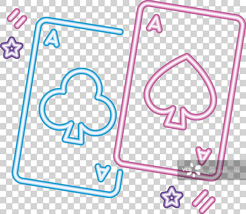 霓虹灯下的赌场扑克牌：黑桃和梅花图片素材