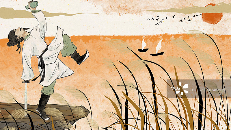 手绘风古代诗人插画-李白图片素材