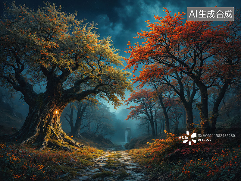 【AI数字艺术】秋夜森林小径图片素材