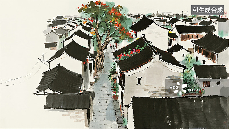 【AI数字艺术】岭南古镇水彩插画图片素材