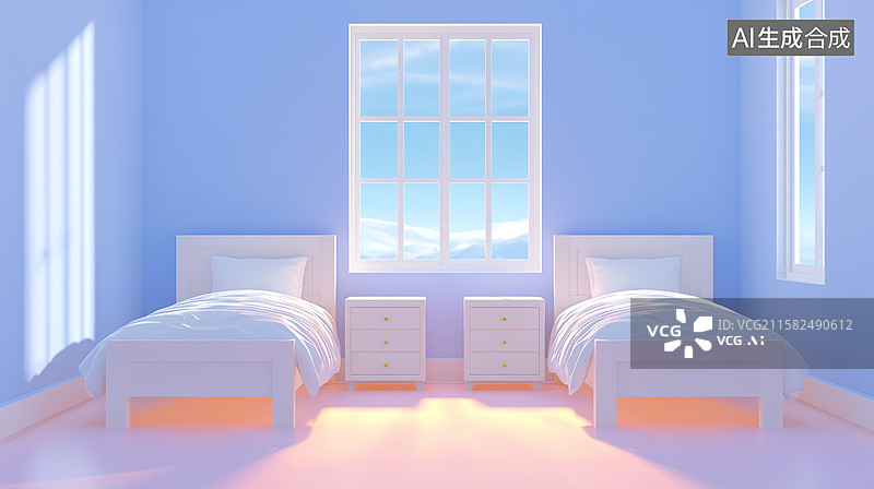 【AI数字艺术】淡彩双床卧室空间设计图片素材