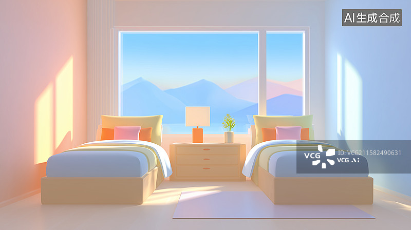 【AI数字艺术】温馨双床观景卧室场景插画图片素材