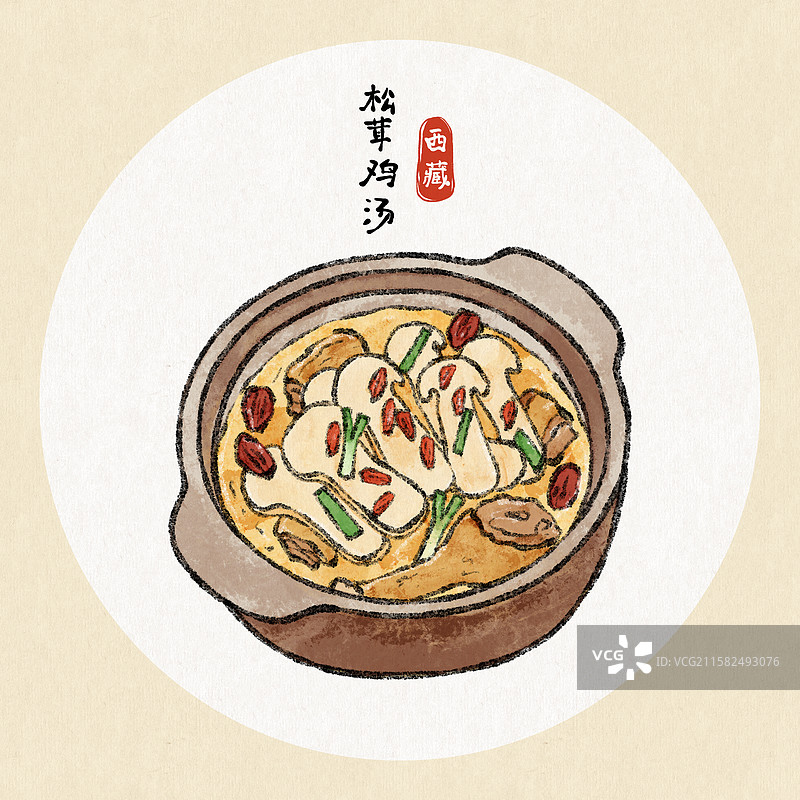 西藏美食国风插画-松茸鸡汤图片素材