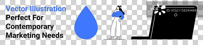 商务女性在蓝色水滴旁思考，靠近笔记本电脑。图片素材