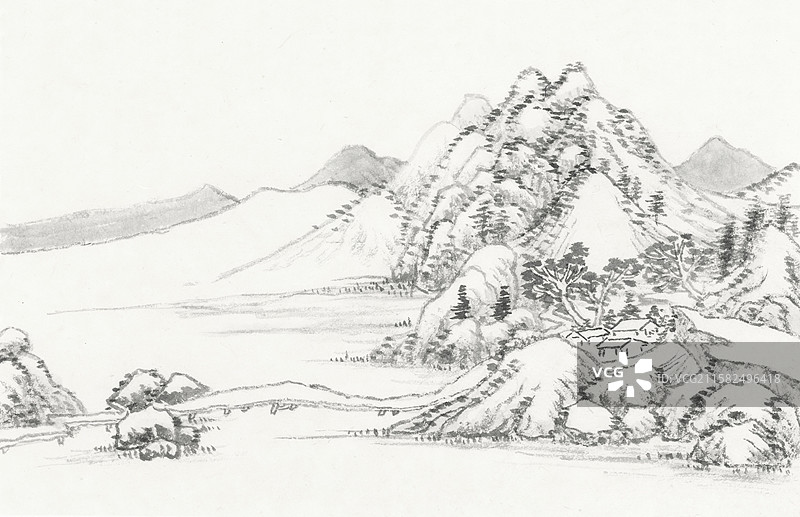 水墨山水杂树河流桥中国画风景插画图片素材