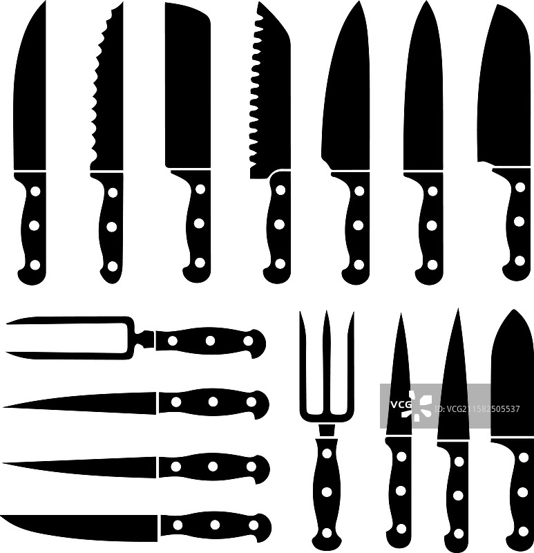 黑白色厨房刀具的集合图片素材