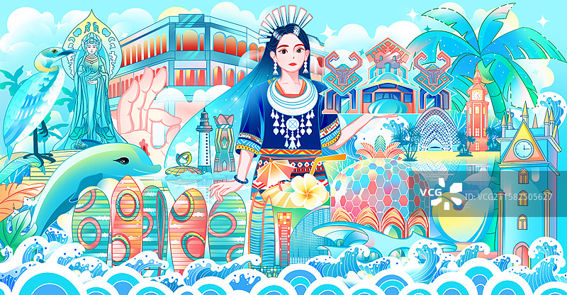 海南标志性建筑城市插画图片素材