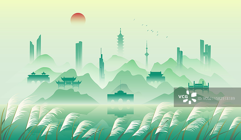 南京城市建筑秋天节气国风山水插画图片素材