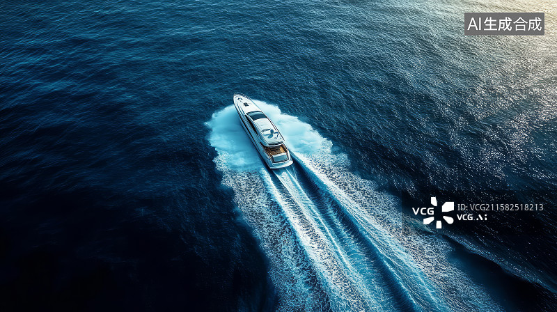 【AI数字艺术】航拍海上行驶的快艇船尾波轨迹图片素材