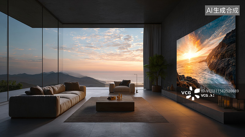 【AI数字艺术】现代客厅与海景大屏电视图片素材