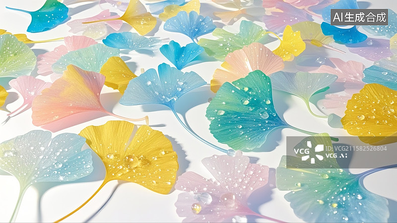 【AI数字艺术】色彩缤纷的银杏叶错落有致地铺展在白色背景上，叶片的颜色有蓝色、黄色、绿色、粉色等，梦幻治愈图片素材