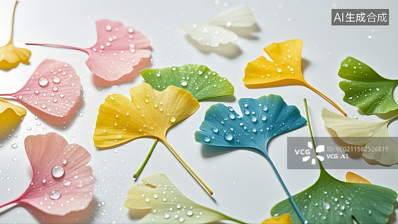 【AI数字艺术】色彩缤纷的银杏叶错落有致地铺展在白色背景上，叶片的颜色有蓝色、黄色、绿色、粉色等，梦幻治愈图片素材