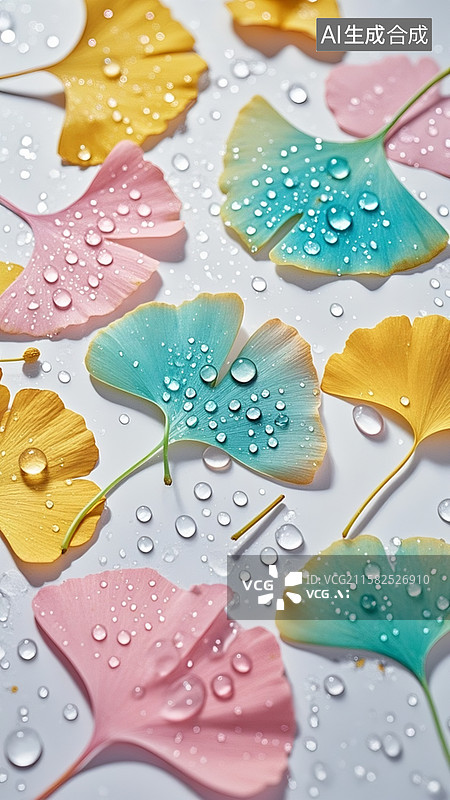 【AI数字艺术】色彩缤纷的银杏叶错落有致地铺展在白色背景上，叶片的颜色有蓝色、黄色、绿色、粉色等，梦幻治愈图片素材