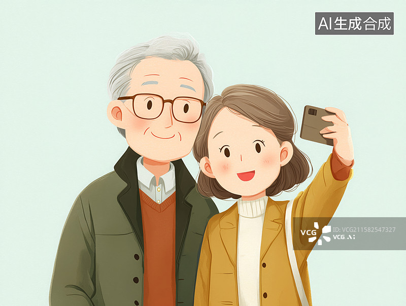 【AI数字艺术】可爱的卡通老年夫妇自拍插画图片素材