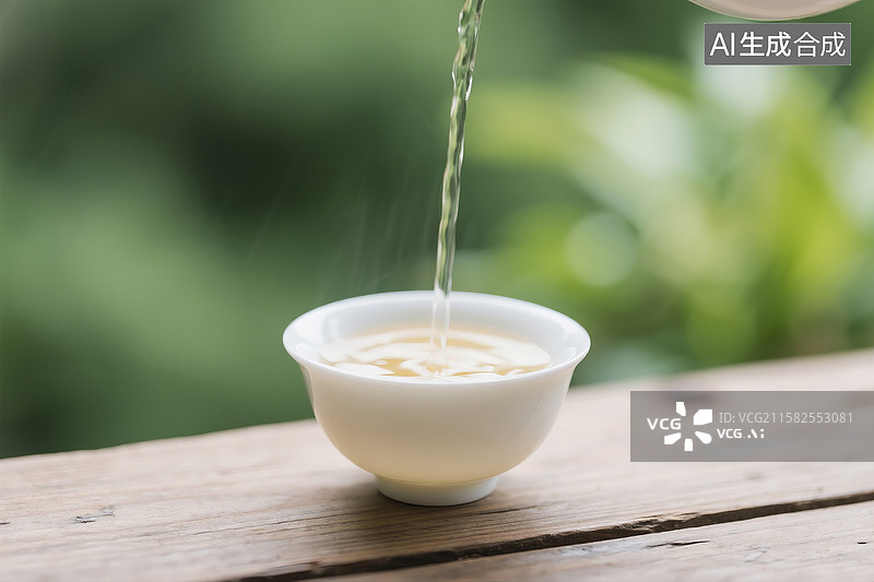 【AI数字艺术】空中倒水至木板上茶碗的品茶场景图图片素材