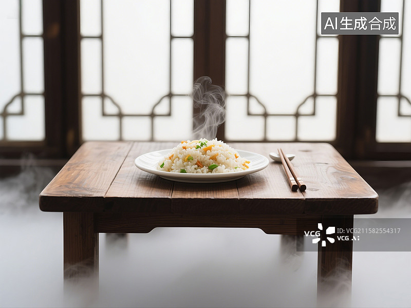 【AI数字艺术】古典窗边热气腾腾的炒米饭图片素材