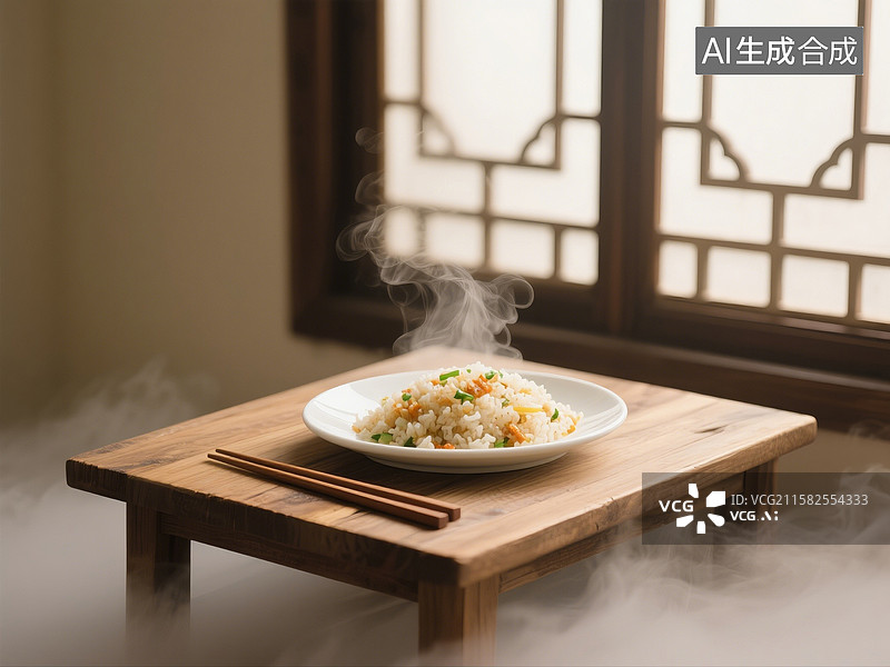 【AI数字艺术】古典窗边热气腾腾的炒米饭图片素材