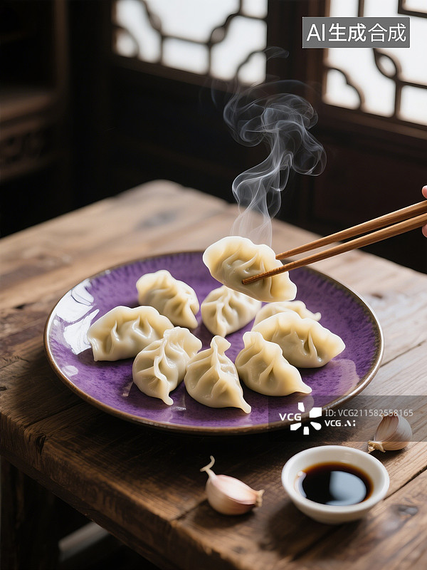 【AI数字艺术】古典门前木桌上的水饺用餐场景图片素材