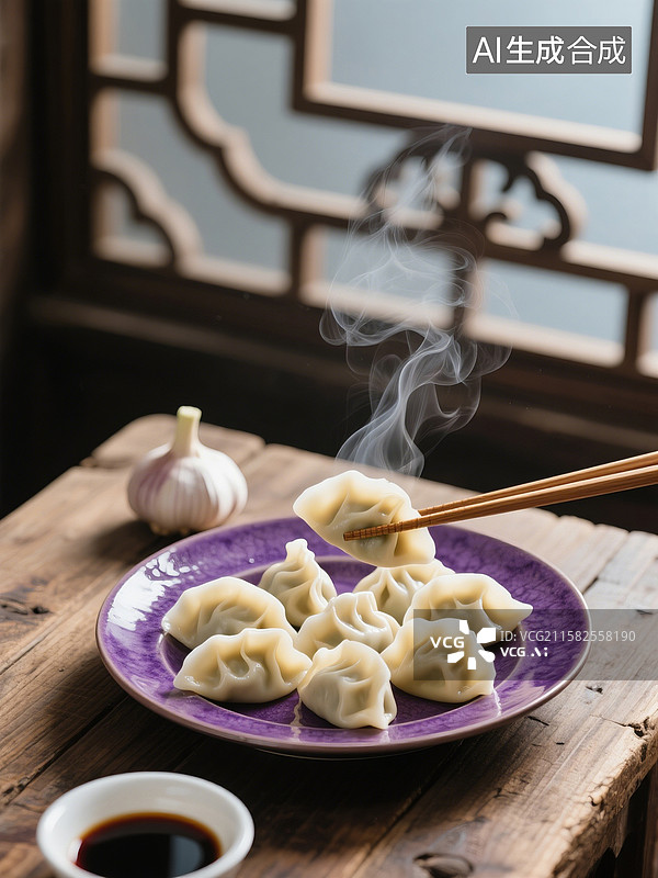 【AI数字艺术】古典门前木桌上的水饺用餐场景图片素材