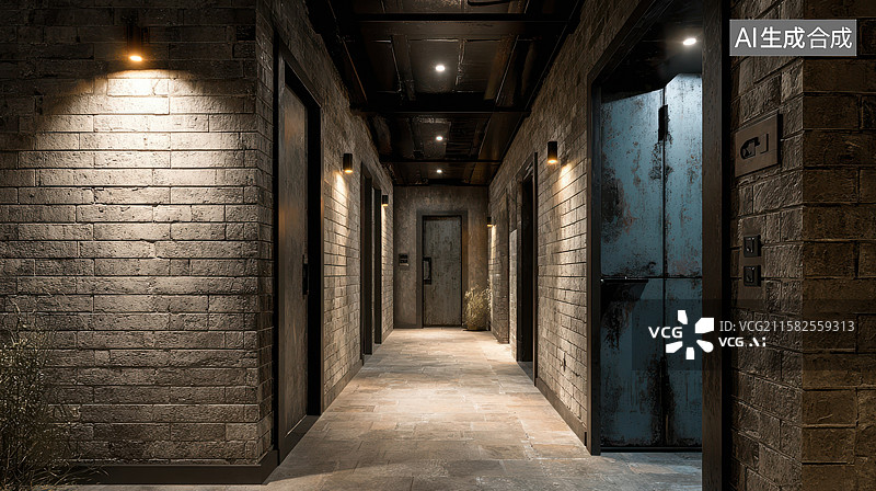 【AI数字艺术】砖墙走廊，温暖灯光映衬图片素材