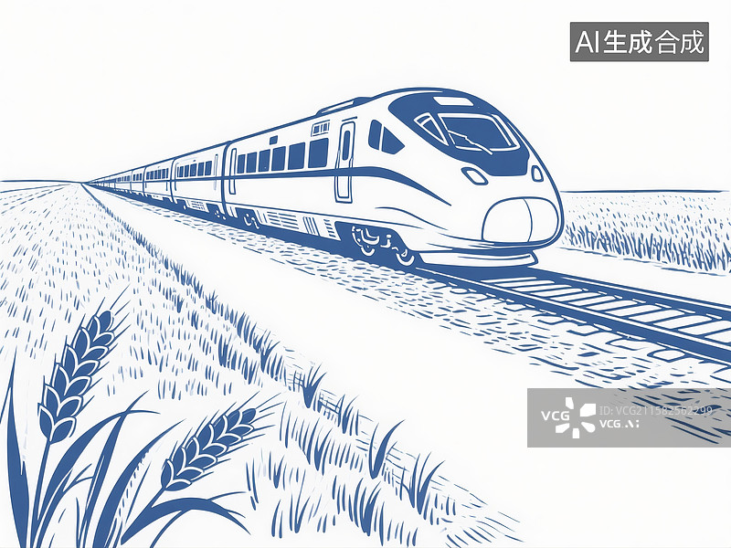 【AI数字艺术】复古线条插画中高高速列车穿过田野画面图片素材