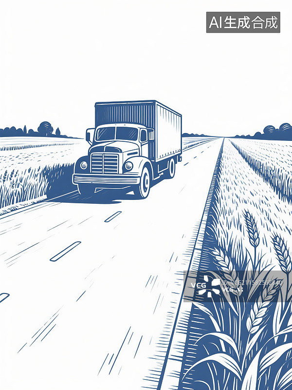 【AI数字艺术】复古运输汽车经过农村田野的线描画图片素材