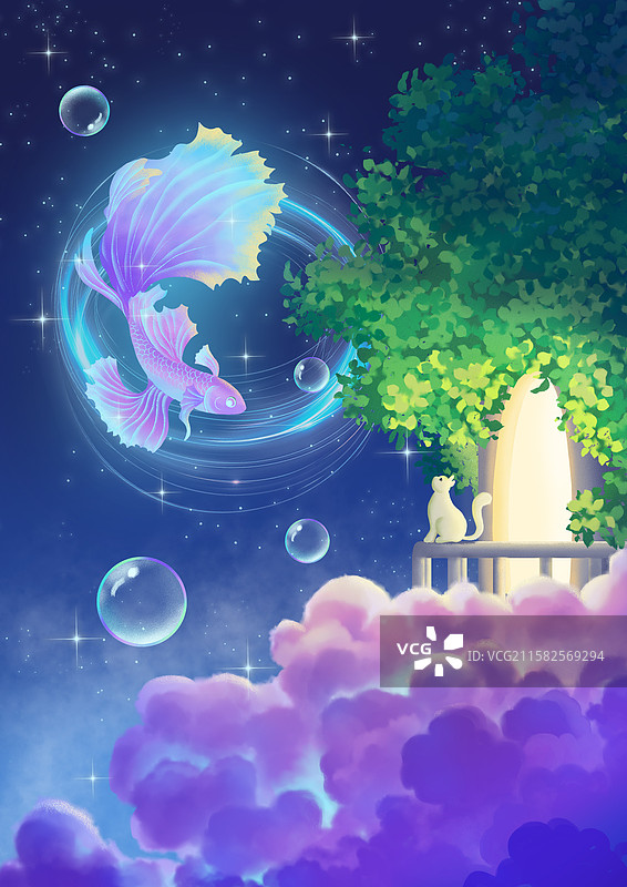 治愈系插画/猫与鱼图片素材