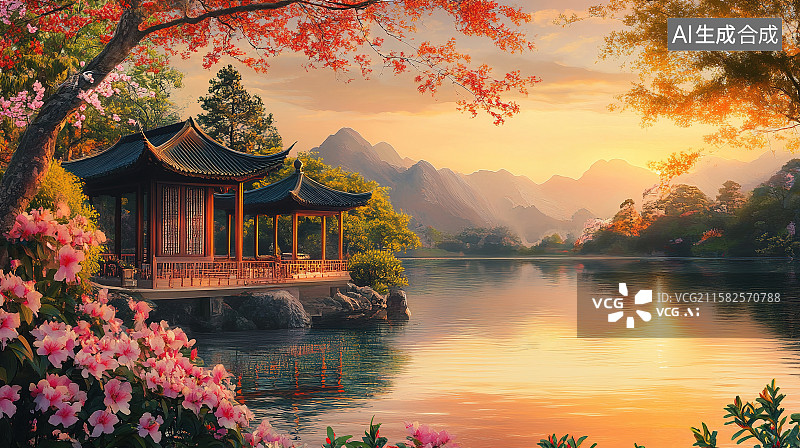【AI数字艺术】日落晚霞夕阳下的湖边水榭楼台枫叶鲜花古建筑风景插画图片素材