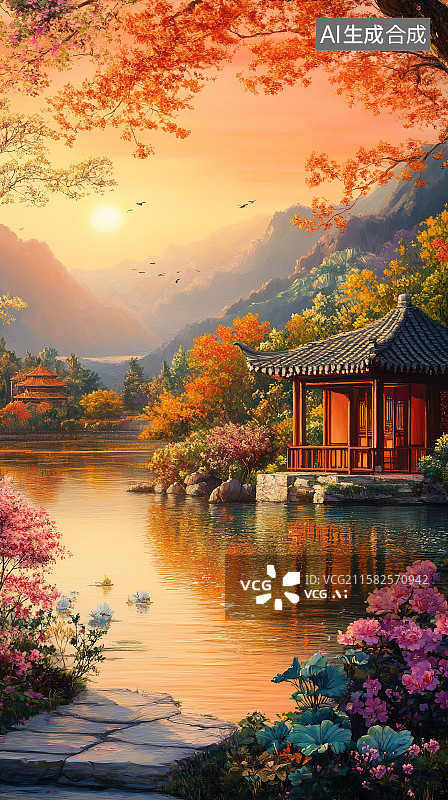 【AI数字艺术】日落晚霞夕阳下的湖边水榭楼台枫叶鲜花古建筑风景插画图片素材