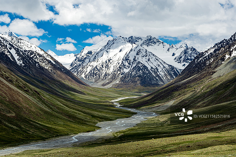 雪山下冰川融水形成的河流图片素材